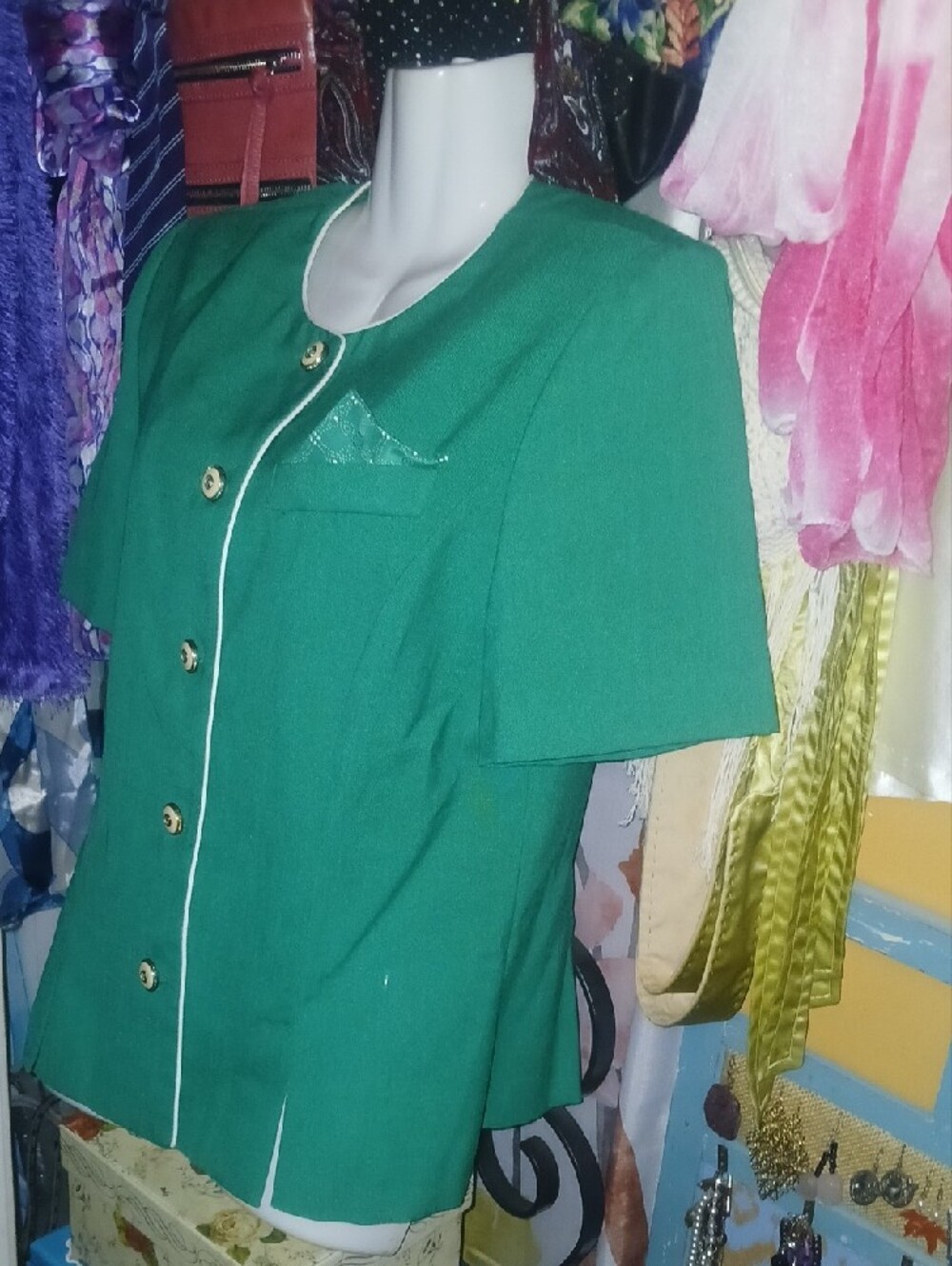 90s Vintage Leslie Fay Emerald Green Short Sleeve Blazer W/ Faux Packet Square - Picture 4 of 9